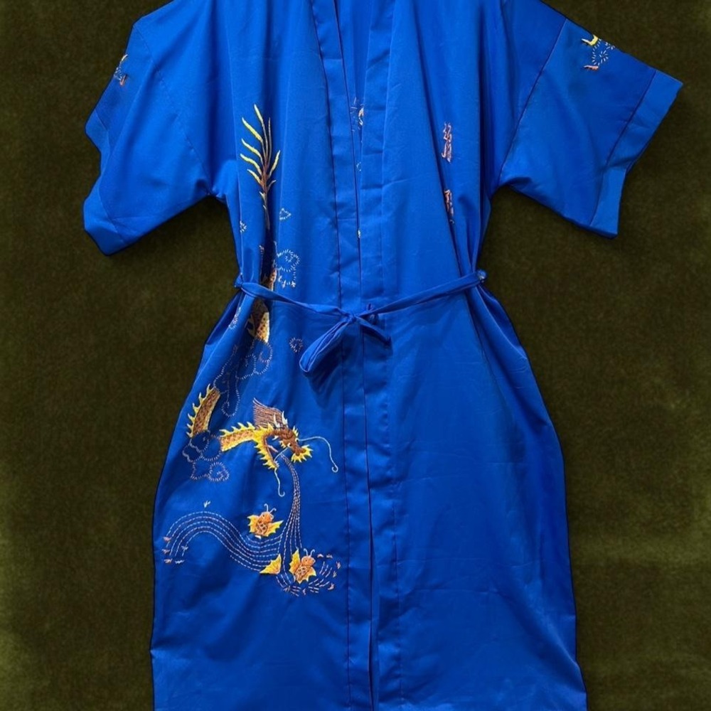 Vintage 1950s Blue Dragon Souvenir Robe / Kimono — Modern Size L/XL